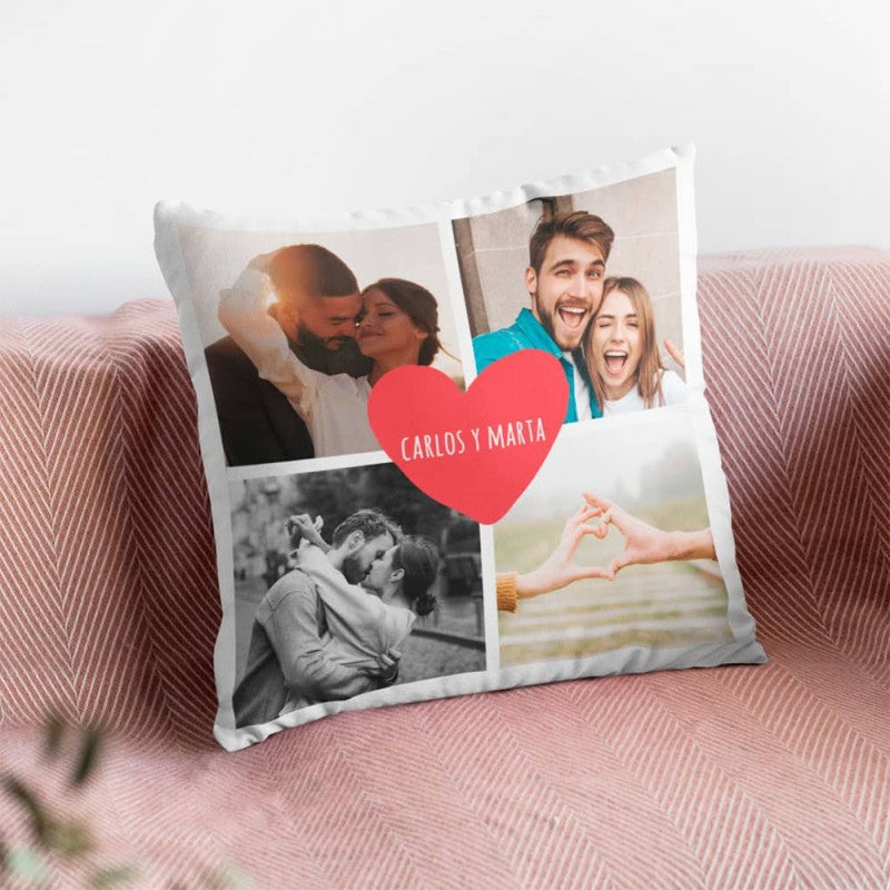Cojín Personalizado 4 Fotos con Corazón y Nombres 40x40