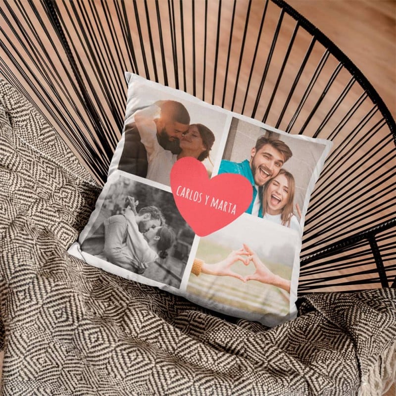 Cojín Personalizado 4 Fotos con Corazón y Nombres 40x40