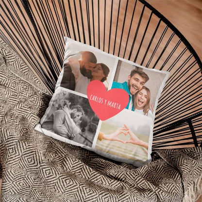 Cojín Personalizado 4 Fotos con Corazón y Nombres 40x40