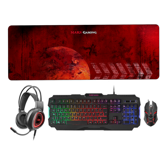 Pack Gaming Mars Gaming MCPRGB2/ Teclado RGB + Ratón Óptico + Alfombrilla XXL + Auriculares